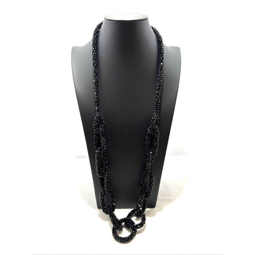 Chicos Long Black Lumi Single Strand Necklace Glass Faceted Beads Chain Link 36"